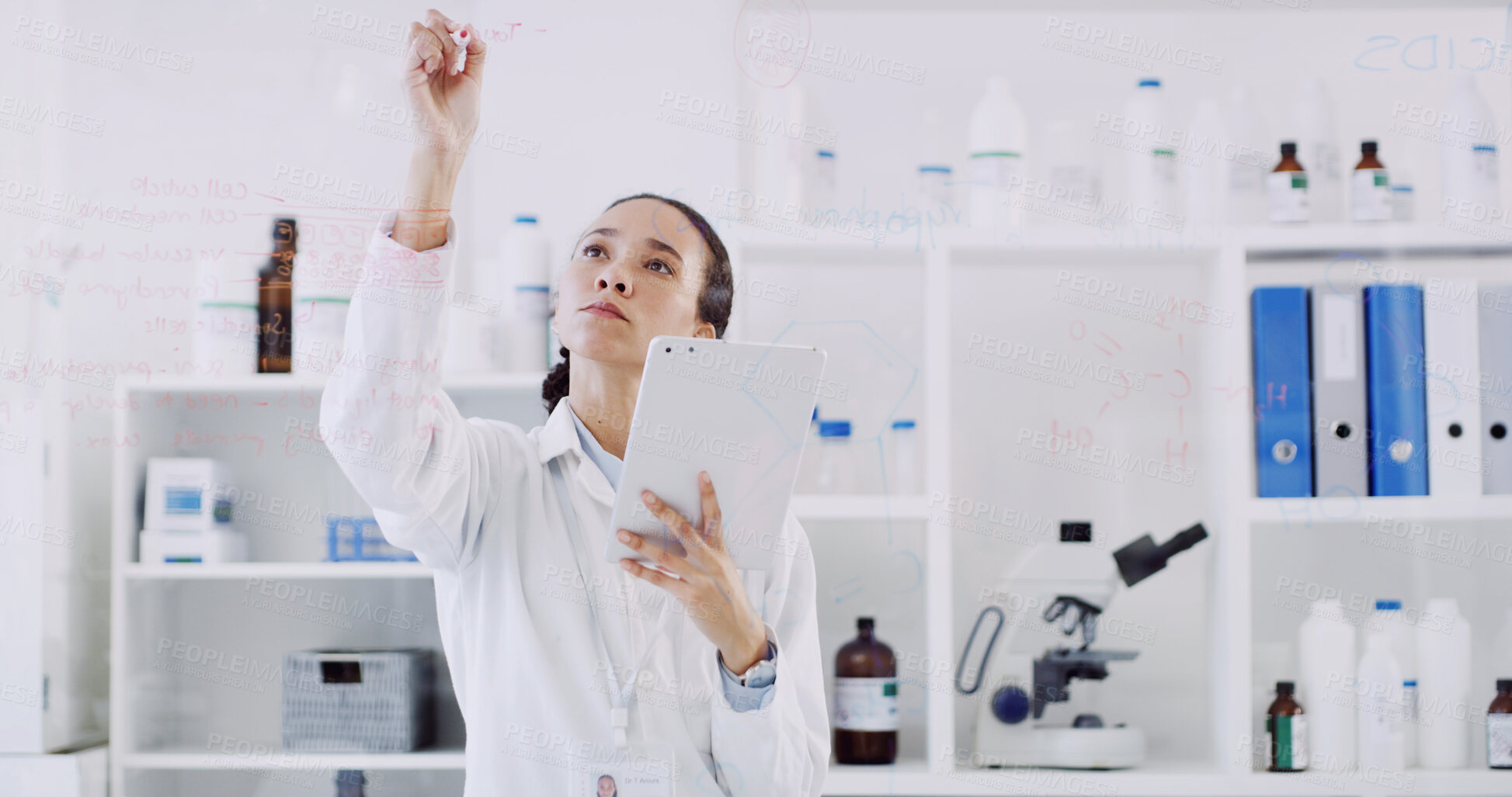Buy stock photo Science, woman and writing on glass wall with tablet, formula or problem solving for medical research. Scientist, person and diagram in lab with tech, chemical structure or plan for healthcare study.