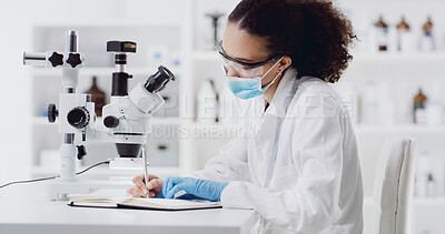 Buy stock photo Medical, notes or scientist in laboratory with test, info recording or research result in experiment. Science, writing or woman with microscope, investigation report or checklist in clinical trial.