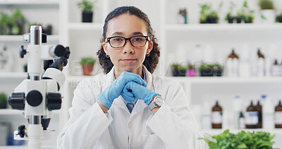 Buy stock photo Woman, scientist and portrait with gloves at lab for medical research, plants and medicine manufacturing. Person, glasses and ppe with pharmaceutical study, pc and vaccine development in Colombia