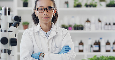 Buy stock photo Woman, crossed arms and portrait of scientist in laboratory with confidence for science career. Research, glasses and female chemist with pride for pharmaceutical innovation with medical development.