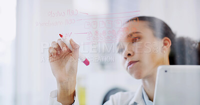 Buy stock photo Woman, scientist and writing with tablet on glass board in laboratory for schedule planning. Female person, doctor and checklist with technology for brainstorming ideas or medical research in clinic