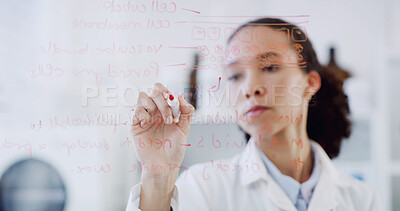 Buy stock photo Glass wall, woman and scientist in laboratory for planning with medical research, study or project. Board, writing and female chemist with pharmaceutical development for healthcare innovation.
