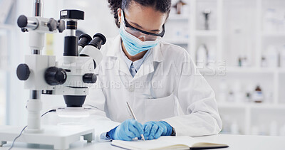 Buy stock photo Medical, writing or scientist in laboratory with notebook, info recording or research result in experiment. Science, note or woman with microscope, investigation report or checklist in clinical trial