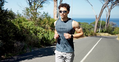 Buy stock photo Fitness, mountain road and running with man outdoor for cardio challenge or physical improvement. Exercise, health and training with athlete or runner in nature for wellness or workout routine