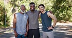 Portrait, men and outdoor with hug for fitness pride, wellness goals or ready for exercise on weekend. Happy, people and embrace in road with training support, teamwork or accountability for workout.