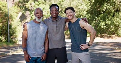 Buy stock photo Portrait, men and outdoor with hug for fitness pride, wellness goals or ready for exercise on weekend. Happy, people and embrace in road with training support, teamwork or accountability for workout.