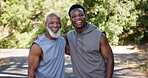 Personal trainer, old man and hug outdoor with portrait, fitness goals or ready for exercise on weekend. Happy, senior black person and coach in road with training support, embrace or wellness for workout