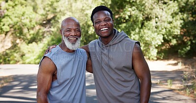 Buy stock photo Personal trainer, old man and hug outdoor with portrait, fitness goals or ready for exercise on weekend. Happy, senior person and coach in road with training support, embrace or wellness for workout.