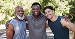 Portrait, happy men and outdoor with hug for exercise, wellness goals and workout accountability. People, smile and embrace in street with solidarity, teamwork and ready for training on weekend.