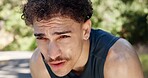 Exhausted, man and outdoor with sweat from cardio workout, endurance challenge and sports fatigue. Active person, tired or breathing in road with stop exercise, fitness rest or recovery for wellness.