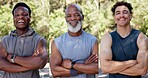 Portrait, collage and people with arms crossed for fitness pride, exercise and cardio training. Smile, men and diversity with confidence, about us and endurance workout for sports challenge in nature
