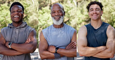 Buy stock photo Portrait, collage and people with arms crossed for fitness pride, exercise and cardio training. Smile, men and diversity with confidence, about us and endurance workout for sports challenge in nature