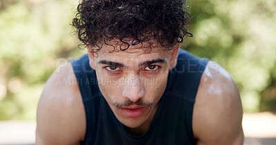 Buy stock photo Portrait, man and outdoor with sweat from cardio workout, exercise challenge and sports fatigue. Serious person, breathe or tired with fitness activity break, training pause or recovery for wellness.