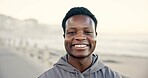 Portrait, black man and smile outdoor with fitness, workout start and positive attitude for training. Happy, person and runner on promenade with pride, wellness goals and ready for cardio exercise.