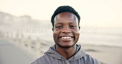 Buy stock photo Portrait, black man and smile outdoor with fitness, workout start and positive attitude for training. Happy, person and runner on promenade with pride, wellness goals and ready for cardio exercise.