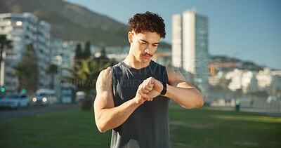Buy stock photo Morning, outdoor or man with smart watch, fitness or digital app to track progress. Check time, person or athlete with exercise, goals or monitor heart rate for cardio workout, training or wellness