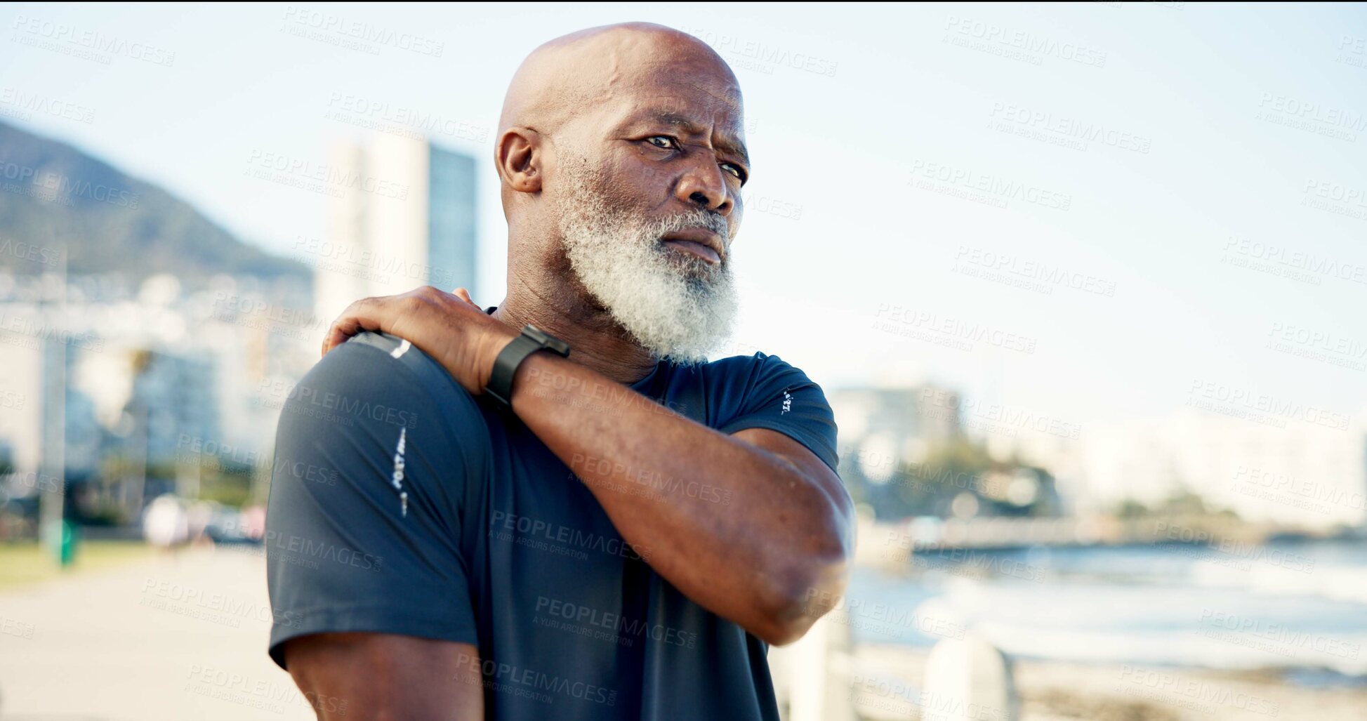 Buy stock photo Senior man, fitness and promenade with shoulder pain for workout accident, strain or pressure. Active, elderly or black person with sore arm or injury for muscle tension, fibromyalgia or discomfort