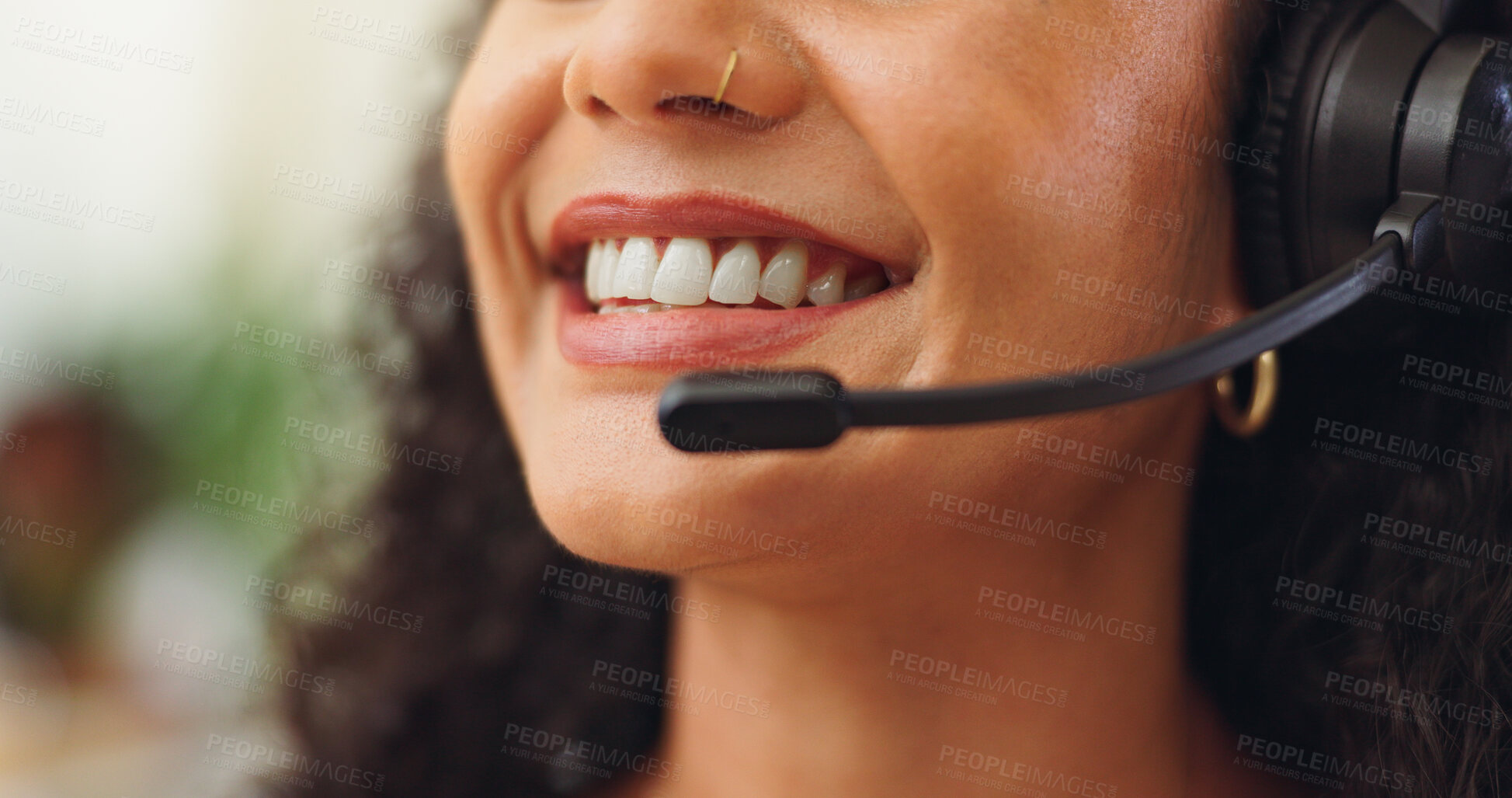 Buy stock photo Happy, mic and mouth of woman in call center for customer service, crm or online consultation. Smile, contact us and female technical support consultant with headset for helpdesk in workplace.