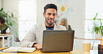 Smile, creative and man with laptop in office for research, proofreading and positive feedback. Happy, male person and coworking with pc, update draft and article approval for publication submission