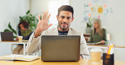 Buy stock photo Laptop, man and wave for video call in agency, virtual training or greeting for productivity webinar. Introduction, smile or employee with pc for online engagement, efficiency or development workshop