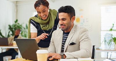 Buy stock photo Creative agency, laptop and people in office, help and funny with positive feedback, mentor and talking. Employees, coaching and consultant in workplace, pc and email for online review and discussion