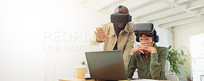 Buy stock photo Laptop, discussion and people with vr headset in office, real estate innovation and virtual property tour. Banner, mockup space and staff with technology for residence simulation, teamwork or talking