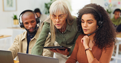 Buy stock photo Call center, mentor and team with headset, laptop and advice for lead generation, coworking and talk. Telemarketing, consultant and people with technology for communication, mic and help for sales