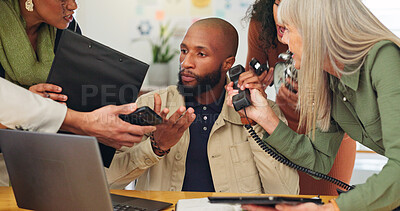 Buy stock photo Man, team and crisis with phone call at office for deadline, multitasking and stress for time management. Person, group and frustrated with chaos, tech or overwhelmed with project at creative agency