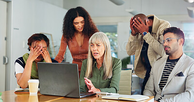 Buy stock photo Stress, manager and people with laptop in creative agency, meeting or launch failure for campaign. Disappointed, upset or marketing team with pc for project update, branding mistake or idea rejection