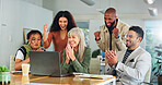 Applause, manager and people with laptop in creative agency, meeting and launch success for campaign. Winning, excited or happy team with computer for project celebration, brand promotion or clapping