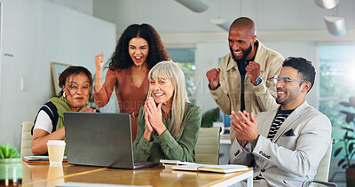 Buy stock photo Applause, manager and people with laptop in creative agency, meeting and launch success for campaign. Winning, excited or happy team with computer for project celebration, brand promotion or clapping