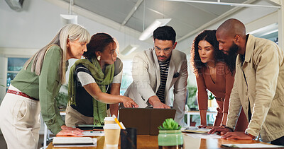 Buy stock photo Business people, meeting and brainstorming with laptop for project planning or collaboration. Group, employees or colleagues pointing with computer for company agenda, tasks or ideas in workplace