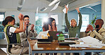Happy, business people and winning with applause for project completion, done or finished in office. Excited, group or team clapping with documents in air for deadline success or productive workplace