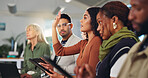 Woman, raised hand and team at startup for meeting with tablet, question or solution at office. Person, group and gesture for problem solving, brainstorming and app for feedback at creative agency