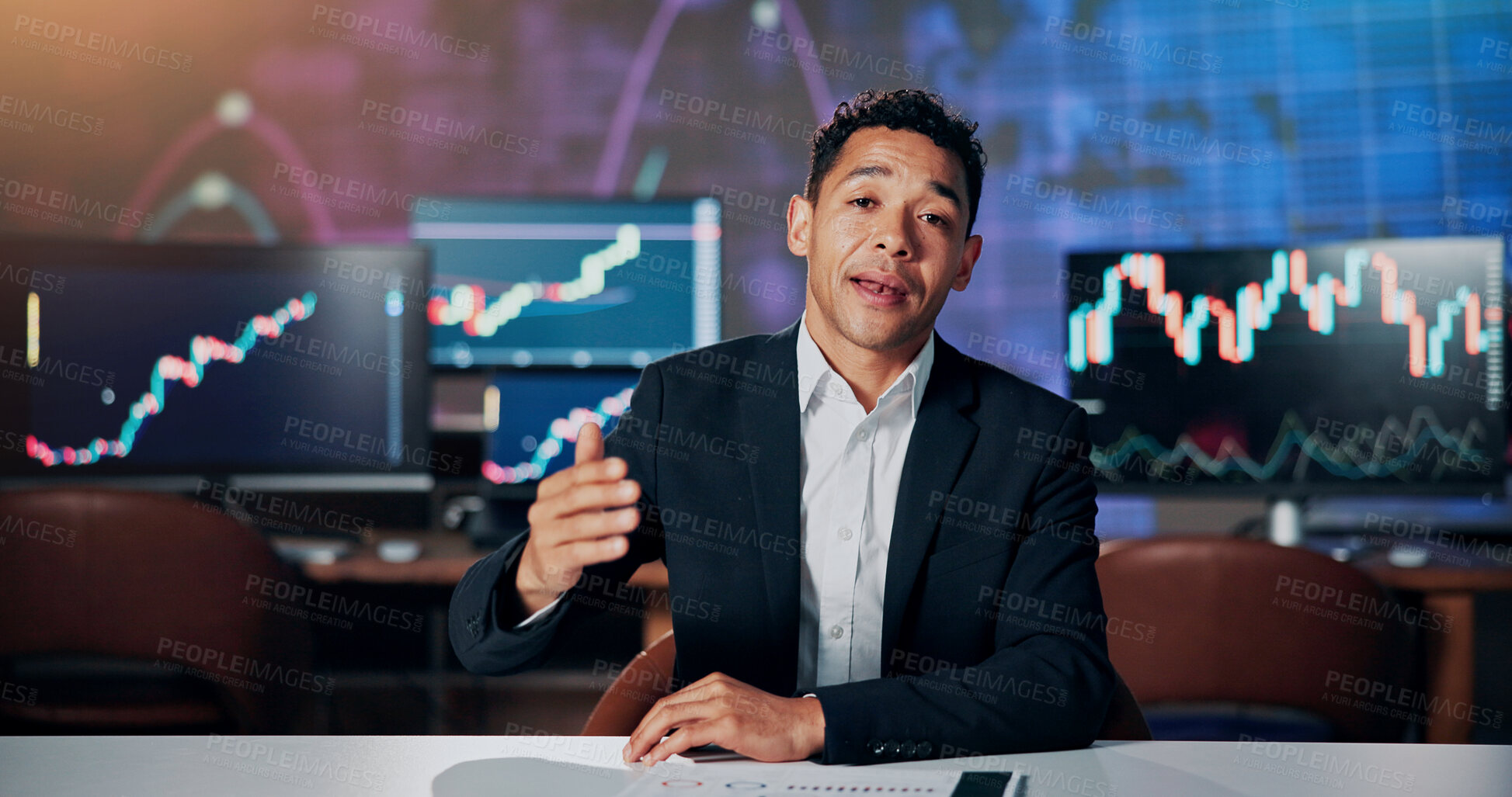 Buy stock photo Portrait, advice and anchorman with financial news for stock market update and currency trading. Presentation, man and business tv reporter host with speaker on foreign exchange for economy growth