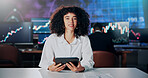 Portrait, investor and woman in office, tablet and reporter for business news channel. Financial company, tech and person with information, talking and speaker for economy stats and trading portfolio