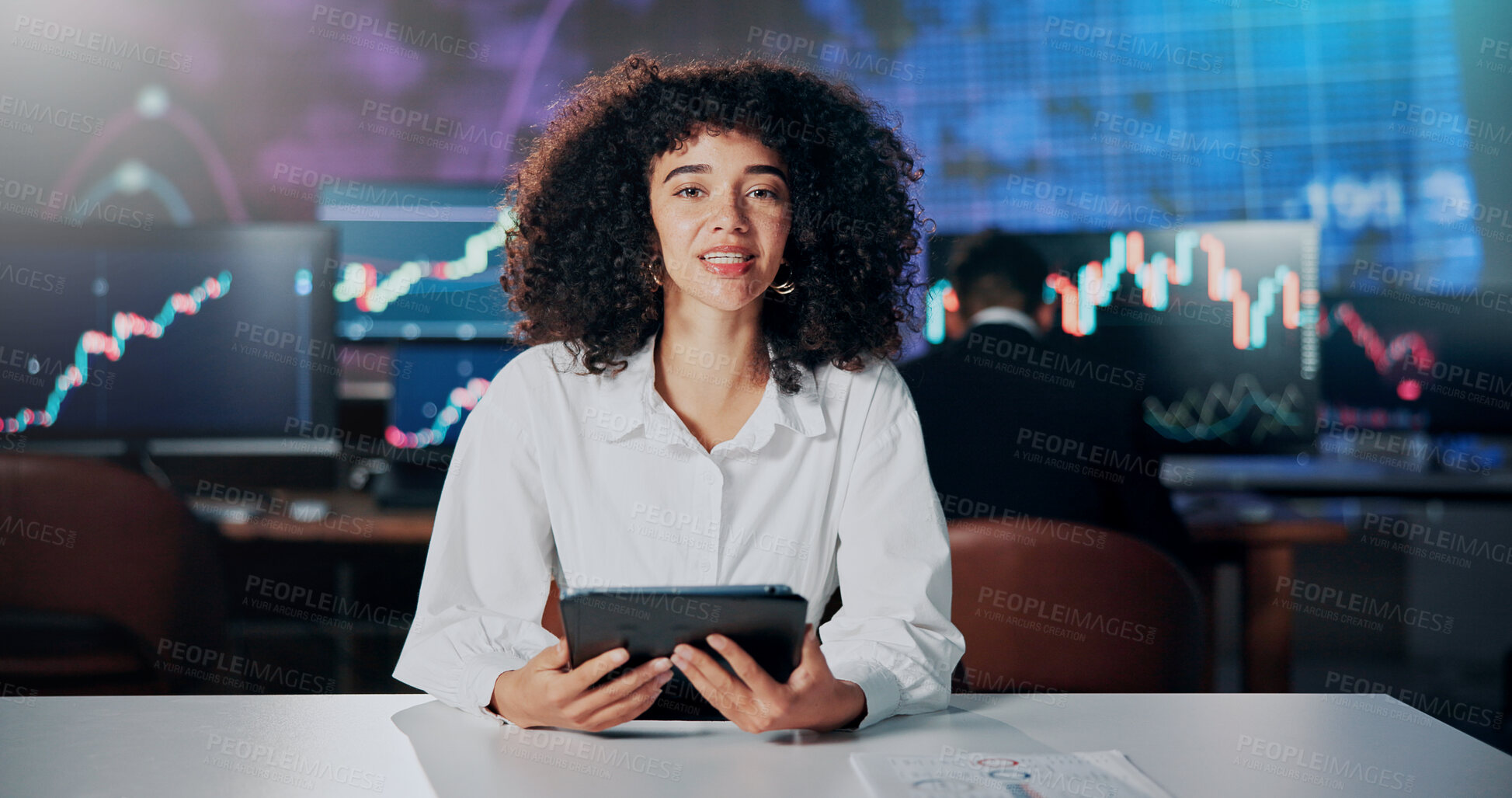 Buy stock photo Portrait, woman and tablet with reporter for business news channel, investment and communication. Financial company, tech and person with information, trading portfolio and anchor for economy stats