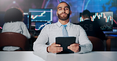 Buy stock photo Portrait, tablet and anchorman with financial news for stock market update and currency trading. Presentation, man and business tv reporter host with advice on foreign exchange for economy growth