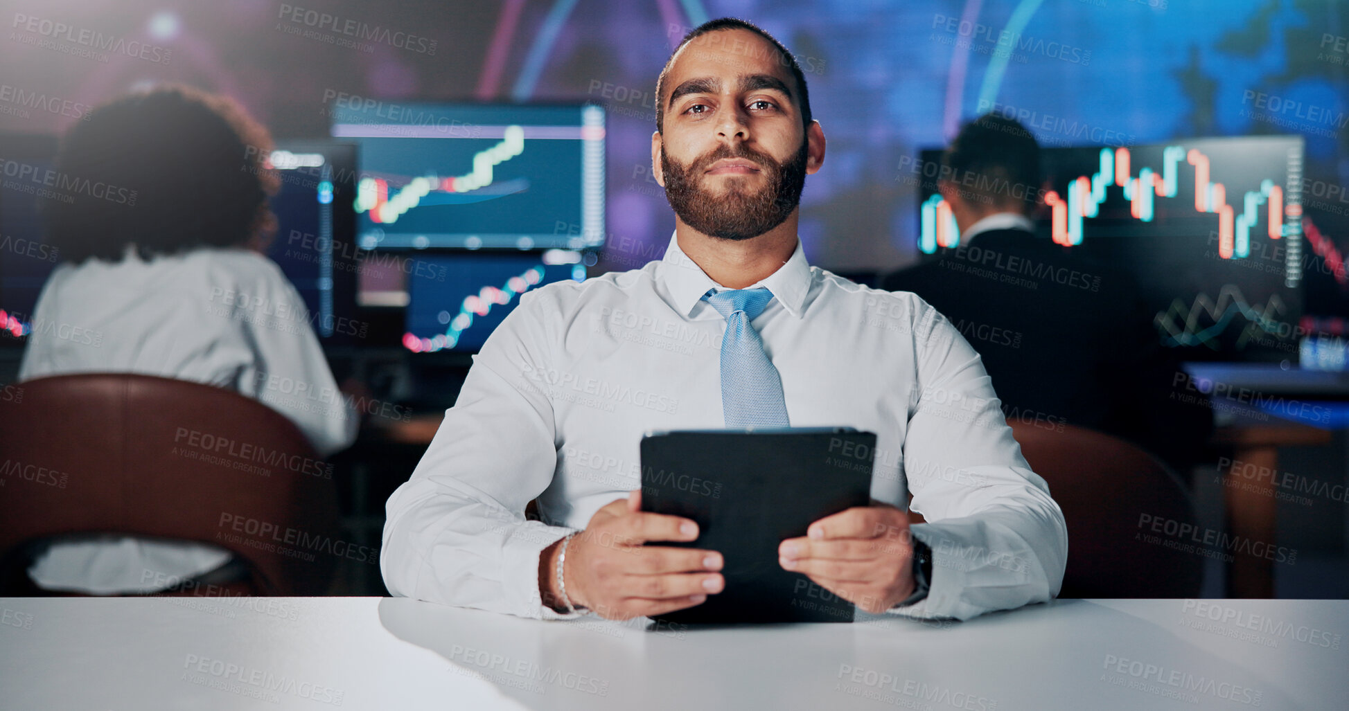 Buy stock photo Portrait, tablet and anchorman with financial news for stock market update and currency trading. Presentation, man and business tv reporter host with advice on foreign exchange for economy growth