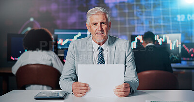 Buy stock photo Portrait, document and anchorman with financial news for stock market update and currency trading. Presentation, man and business tv reporter host with advice on foreign exchange for economy growth