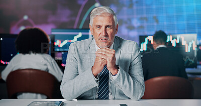 Buy stock photo Portrait, investor and man in office, video call and info for stock market update. Mature person, webinar or financial advisor in workplace, talking and stats for investment POV or corporate trading