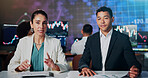 Portrait, document and business people with financial news for stock market update and currency trading. Presentation, team and tv reporter host with advice on foreign exchange for economy growth