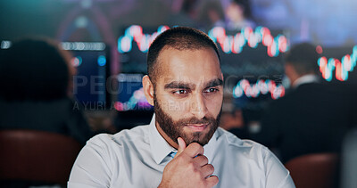 Buy stock photo Businessman, thinking and consultant in office with planning, investment and stock market. Male person, trader or investor with fintech for information, report or trading for currency exchange