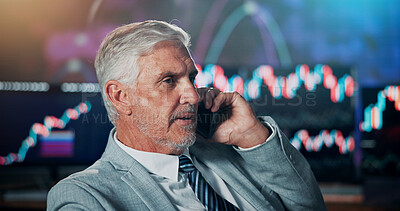 Buy stock photo Businessman, phone call and trader in office with conversation, investment and stock market. Mature person, consultant or investor with fintech for discussion, report or trading advice for growth