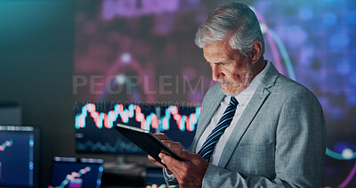 Buy stock photo Businessman, tablet and trading in office at night with typing, app or scroll for investment on stock market. Mature person, trader or investor with fintech for problem solving, report or consultant
