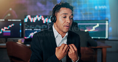 Buy stock photo Businessman, trading and talk with headset at office with consulting, graphs and info for stock market investing. Person, broker and advisor on voip mic with contact, charts or explain at agency