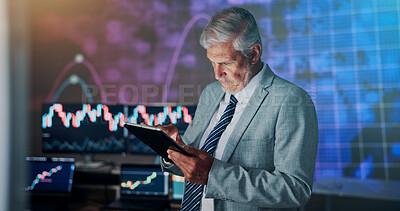 Buy stock photo Businessman, tablet and consultant in office at night with typing, app or scroll for investment on stock market. Mature person, trader or investor with fintech for problem solving, report or trading