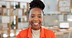 Portrait, business and black woman in office, smile and confidence for creative director. African person, employee or professional in workplace, happiness and pride with career ambition or journalist