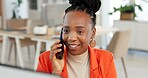 Black woman, computer and chat in office with phone call, feedback or review for marketing project. Creative, female person and smile in workplace with pc, tech or contact for advertising discussion.