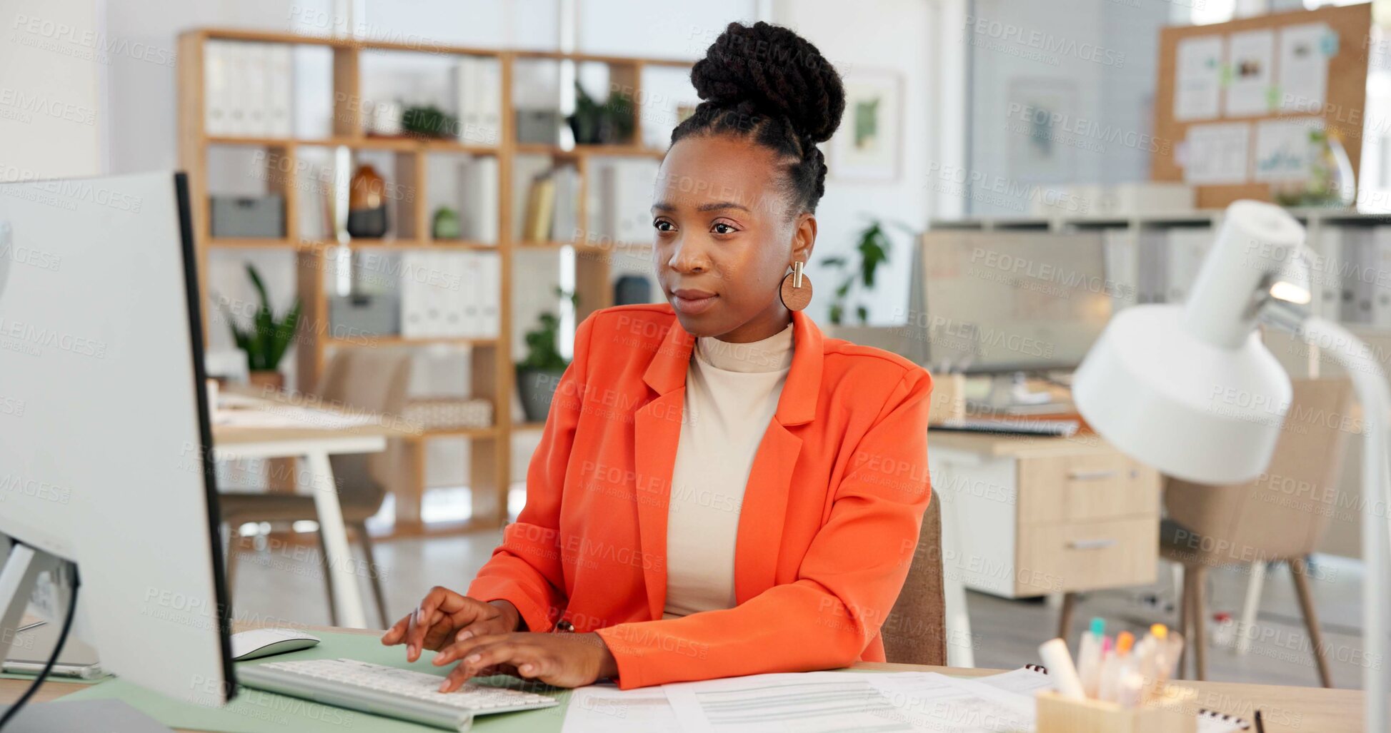 Buy stock photo Creative, typing and woman with computer, office and planning for article on website and journalism. Reading, draft and black person with tech, writer and editing story for publication or online